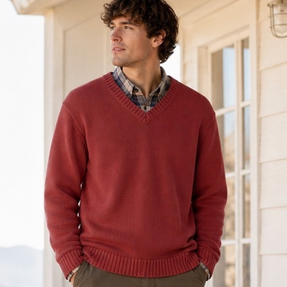 LL‎ Bean Mens V-Neck Sweater Red 100% Cotton Knit Thick Cabin Heritage Prep L